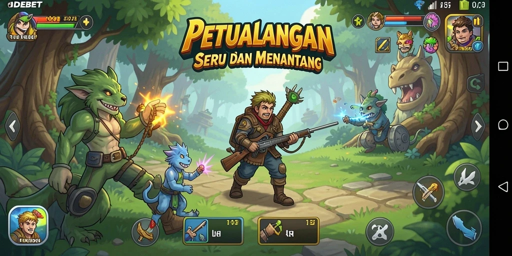 Tampilan antarmuka IDEBET dengan karakter Petualangan yang menarik.