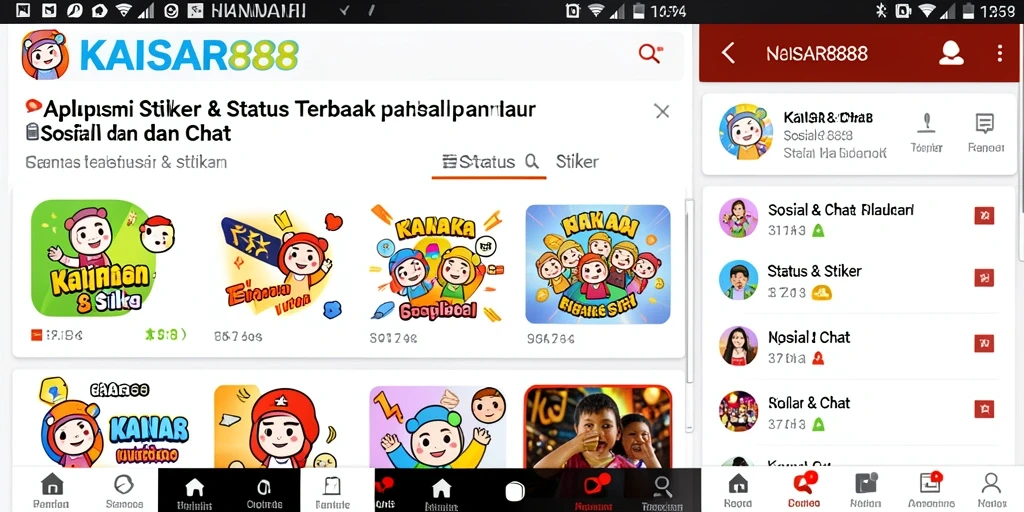 Antarmuka aplikasi KAISAR888 yang menarik untuk Status & Stiker.