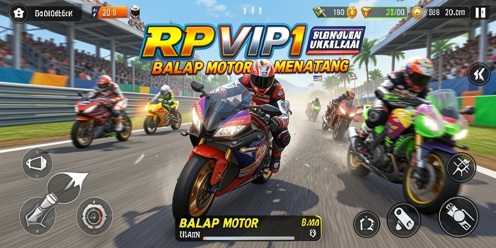 Tampilan antarmuka RPVIP1 menampilkan balapan motor yang mendebarkan.
